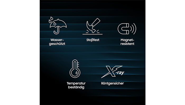 Auf schwarzem Grund zeigen weiße Symbole Wasserschutz, Stoßfestigkeit, Magnetresistenz, Temperaturbeständigkeit und Röntgensicherheit.