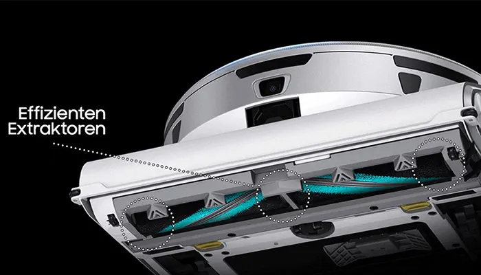 Nahaufnahme eines Robotersaugers mit blauen Bürsten, hervorgehoben durch gestrichelte Linien auf schwarzem Hintergrund.