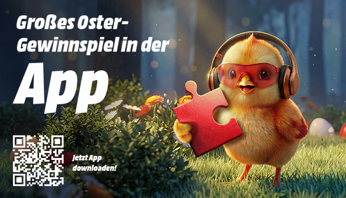 MediaMarkt Oster-Gewinnspiel: Süßes Küken mit Sonnenbrille präsentiert 3000 € Gewinn auf rotem Hintergrund. QR-Code mit „Jetzt App downloaden!“
