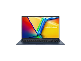 ASUS Vivobook Laptop in Frontalansicht mit aufgeklapptem Display, das ein farbenfrohes, abstraktes Hintergrundbild in Gelb, Blau, Grün und Rot zeigt.

