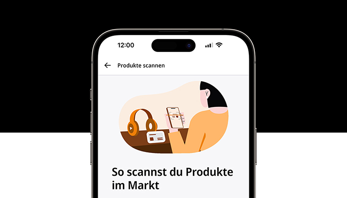 Auf einem Smartphone wird eine Funktionalität der Saturn App angezeigt mit dem Text: &quot;So scannst du Produkte im Markt&quot;.