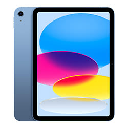 Blaues Tablet mit schwarzem Rahmen. Auf dem Bildschirm befinden sich blaue, pinke und gelbe Farbflecken.
