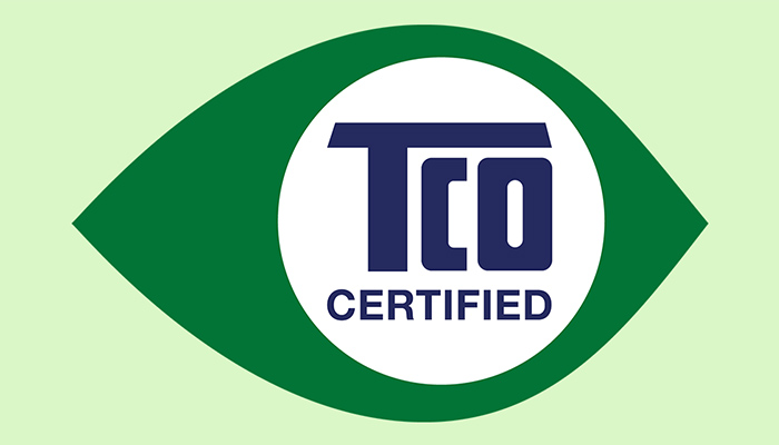 TCO Certified Logo auf weißer Pupille innerhalb eines grünen Augensymbols.
