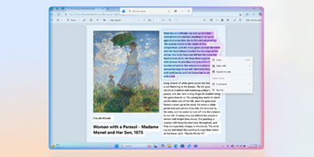 Auf einem Computerbildschirm wird ein Artikel über ein Gemälde von Monet mit einem Pop-up-Menü angezeigt.