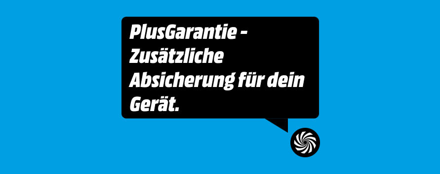 Schwarze Sprechblase auf blauem Hintergrund: 'PlusGarantie – Zusätzliche Absicherung für dein Gerät.'