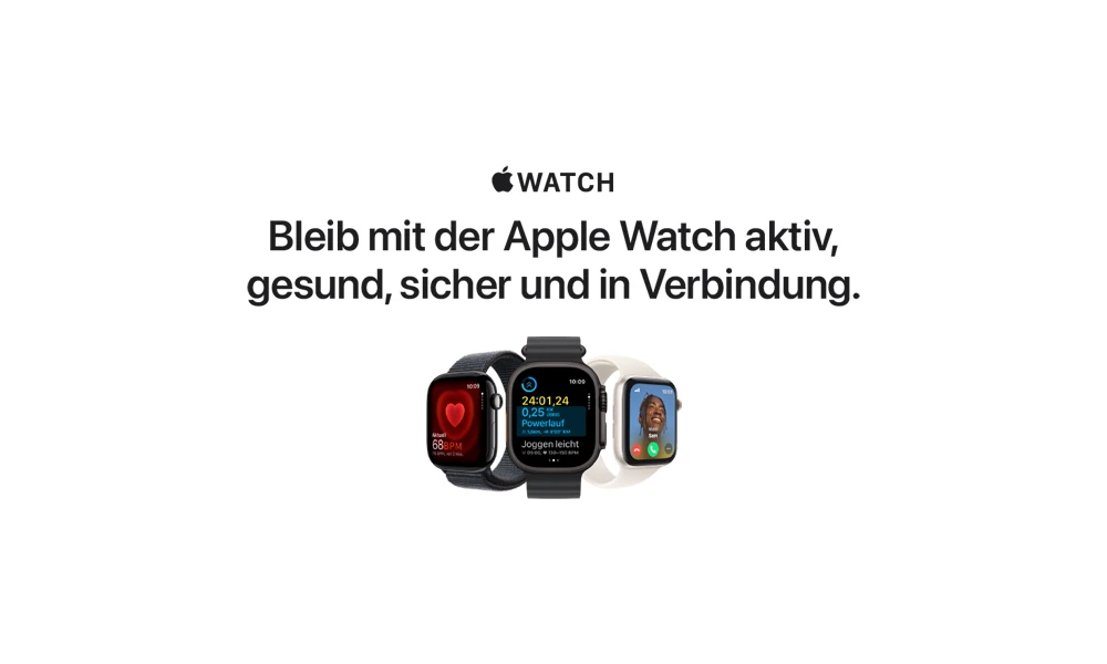 Drei Apple Watches zeigen unterschiedliche Displays: Herzfrequenz, Trainingsdaten und eingehende Anrufe auf weißem Grund.