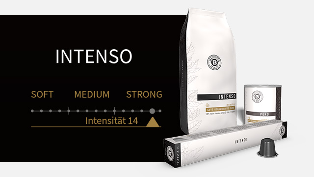 Werbung für INTENSO Kaffee mit Verpackungen: Tüte, Dose, Kapselbox und einzelne Kapsel. Intensitätsskala mit Anzeige 14.