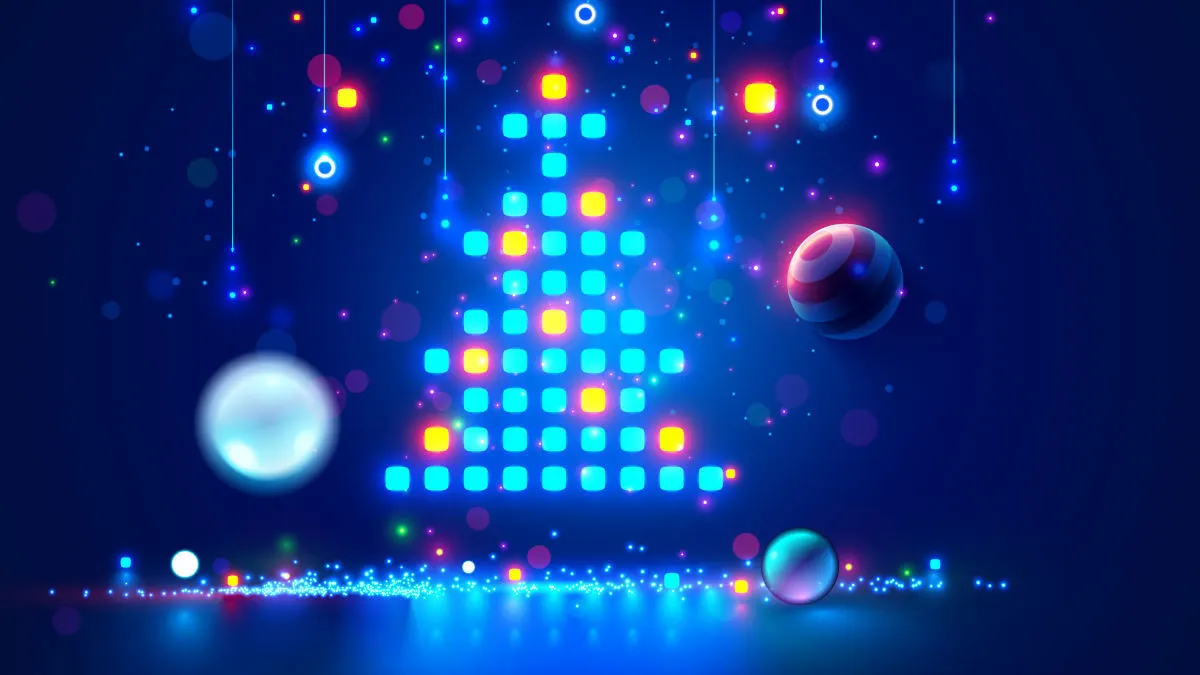 Ein leuchtender Weihnachtsbaum aus blauen und gelben Quadraten, mit Kugeln und glitzernden Lichtern auf blauem Grund.