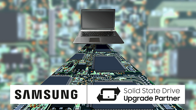 Ein Laptop schwebt über einem Schaltkreis mit dem Schriftzug "Samsung Solid State Drive Upgrade Partner".