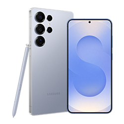 Zwei Samsung Galaxy S-Serie Smartphones, eines mit Stift. Das vordere hat einen blauen Bildschirm. Das hintere hat drei Kameralinsen.
