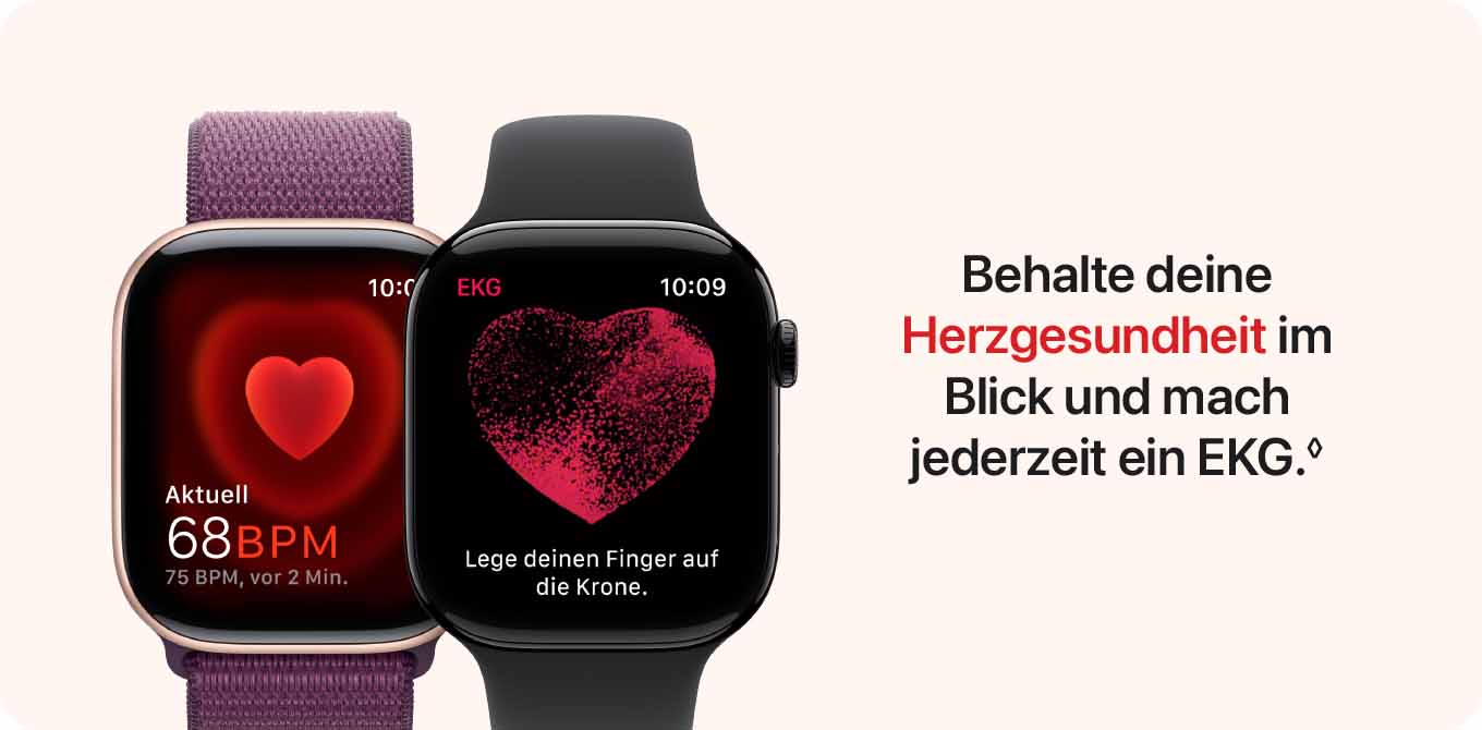 Zwei Smartwatches zeigen Herzfrequenzdaten an. Die linke Uhr zeigt 68 BPM, die rechte eine EKG-Anzeige. Text rechts wirbt für die Herzgesundheit.