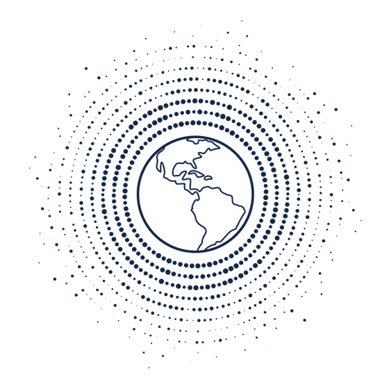 Eine stilisierte Darstellung der Welt mit Nord- und Südamerika, umgeben von konzentrischen Kreisen aus Punkten auf weißem Grund.