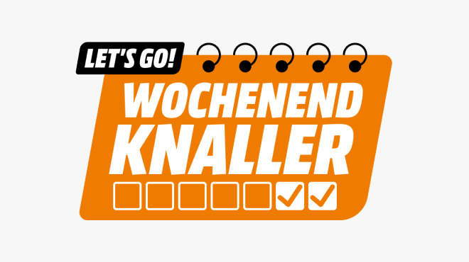 Gelber Kalender mit der Aufschrift "WOCHENEND Knaller", Häkchen und dem Slogan "LET'S GO!" auf weißem Hintergrund.
