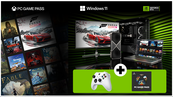 Gaming-Bundle mit Windows 11-PC, GeForce RTX, Monitor, Laptop, Xbox-Controller und PC Game Pass sowie Spieleauswahl im Hintergrund.
