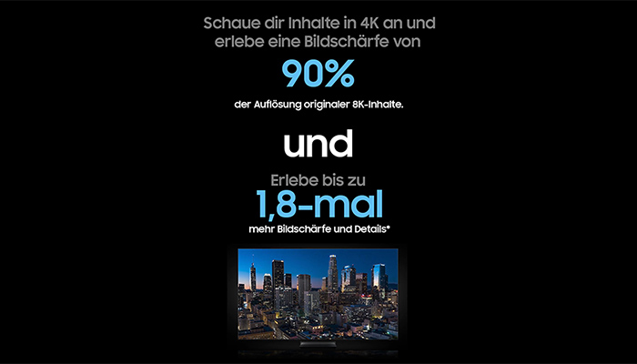 Dunkler Hintergrund mit Text über 4K-Inhalte und Auflösung. Darunter eine beleuchtete Stadtansicht bei Nacht mit Wolkenkratzern.