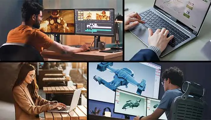 Collage von Menschen, die vor ihrem PC oder Laptop sitzen und arbeiten.