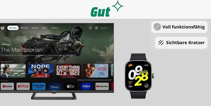 Ein Fernseher zeigt "The Mandalorian". Darunter sind Apps wie Netflix und YouTube. Rechts ist eine Smartwatch mit schwarzem Armband. „Voll funktionsfähig“, „Sichtbare Kratzer“.