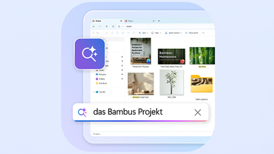 Eine Computeroberfläche zeigt einen Datei-Explorer mit Vorschaubildern verschiedener Dateien und Bildern, darunter Pflanzen und Bambus. Im Vordergrund befindet sich ein Suchfeld mit dem Text „das Bambus Projekt“ sowie ein Symbol für intelligente Suche.
