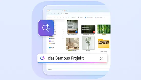 Eine Computeroberfläche zeigt einen Datei-Explorer mit Vorschaubildern verschiedener Dateien und Bildern, darunter Pflanzen und Bambus. Im Vordergrund befindet sich ein Suchfeld mit dem Text „das Bambus Projekt“ sowie ein Symbol für intelligente Suche.