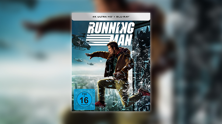 Cover der 4K Ultra HD + Blu-ray von „The Running Man“ mit einem Mann, der durch eine Glasscheibe springt, während im Hintergrund Hubschrauber über einer Stadt fliegen.