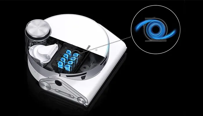 Ein runder, weißer Staubsauger-Roboter mit transparenten Elementen, blauen Lichtern und einem runden Diagramm auf schwarzem Grund.