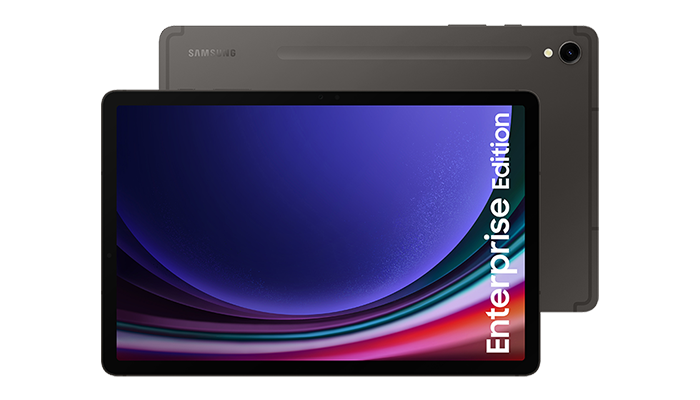 Samsung Tablet in Front- und Rückansicht. Das Display zeigt "Enterprise Edition" an. 