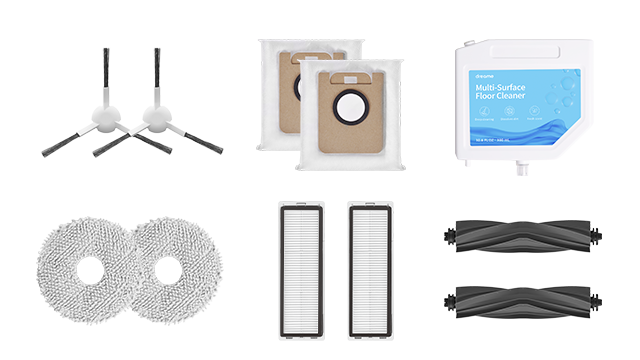 Zubehör für Staubsauger: Bürsten, Wischtücher, Filter, Staubbeutel und Reinigungsflüssigkeit sind auf weißem Grund angeordnet.