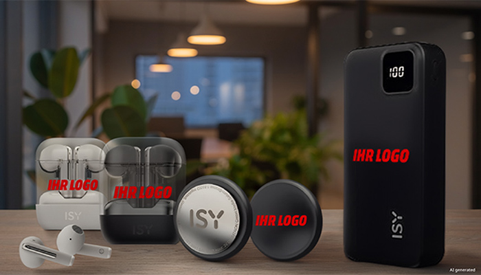 PEAQ Bluetooth-Lautsprecher, MagISY Powerbank, ISY In-ear-Kopfhörer und ISYTag Schlüsselfinder mit jeweils Hinweis “Hier könnte Ihr Logo stehen”  