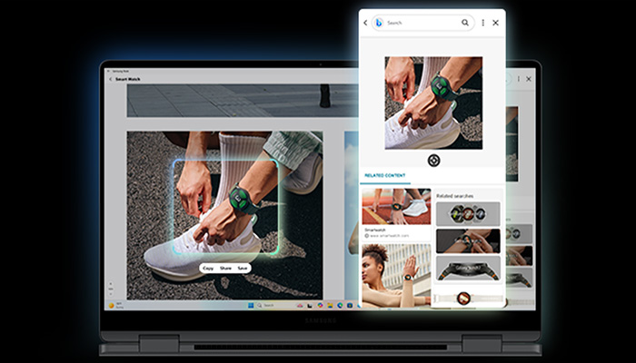 Ein Laptop zeigt ein offenes Fenster mit einer Person, die einen weißen Turnschuh bindet, daneben eine App mit ähnlichem Bild.