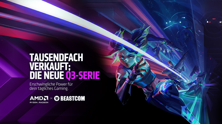 Werbung für AMDs Q3-Serie mit Grafik und Text auf dunklem Grund, lila und blauen Lichteffekten. Logo von AMD und Beastcom unten links.