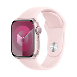 Nahaufnahme einer Smartwatch mit rosa Armband und farbigem Display auf weißem Hintergrund.