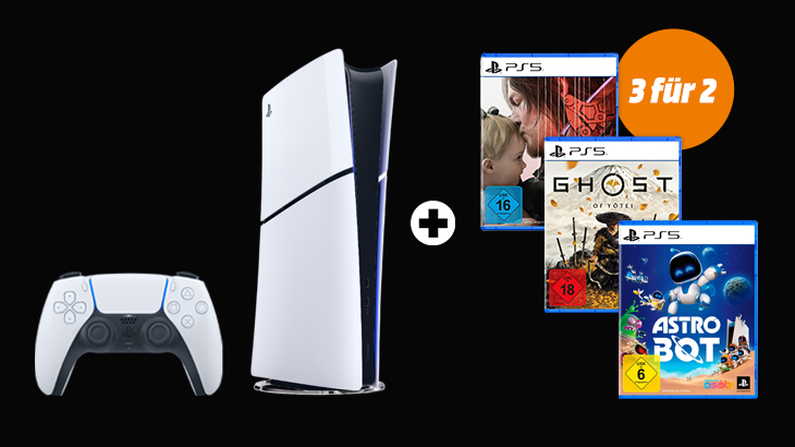 PlayStation-5-Konsole mit Controller und drei PS5-Spielen (The Last of Us Part II, Ghost of Tsushima, Astro Bot) im „3 für 2“-Angebot.