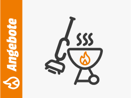 Symbolgrafik eines Grills mit Flammensymbol und Dampf sowie eines Grillreinigers, daneben ein orangefarbener Balken mit dem Schriftzug Angebote.