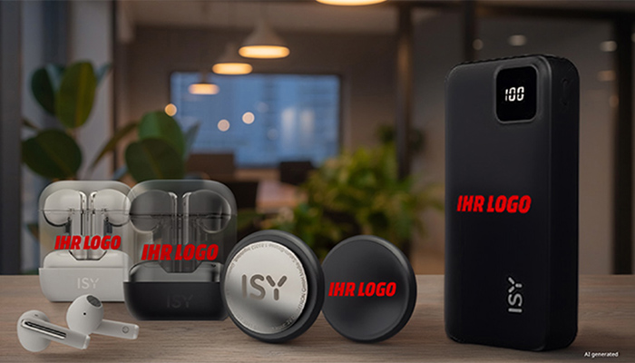 ISY Powerbank, ISYTag und ISY Noise-Cancelling-In-Ears mit Platzhalter für Firmenlogo-Aufdruck auf Holztisch vor unscharfem Büroraum im Hintergrund.