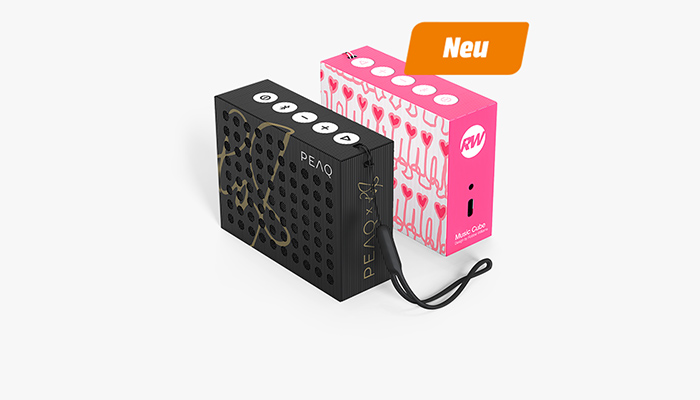 Neu: PEAQ PPA 107-RW Music Cube tragbarer Bluetooth‑Lautsprecher in Würfel‑Form designed by Robbie Williams.