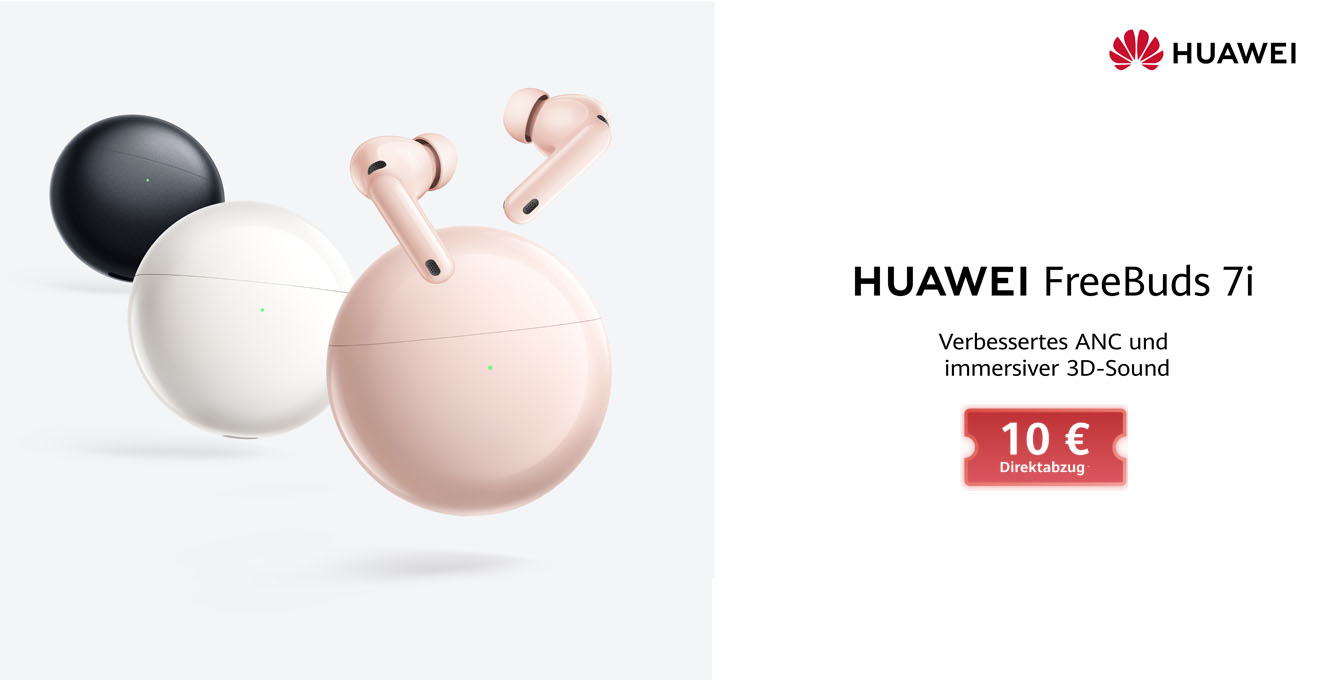 uawei FreeBuds 7i True‑Wireless‑Kopfhörer mit rundem Ladecase in Rosa vorn, dahinter in Weiß und Schwarz; zwei rosafarbene Earbuds schweben über dem Case. Rechts das Huawei‑Logo und Text „HUAWEI FreeBuds 7i – Verbesser tes ANC und immersiver 3D‑Sound“, daneben Badge „10 € Direktabzug“.