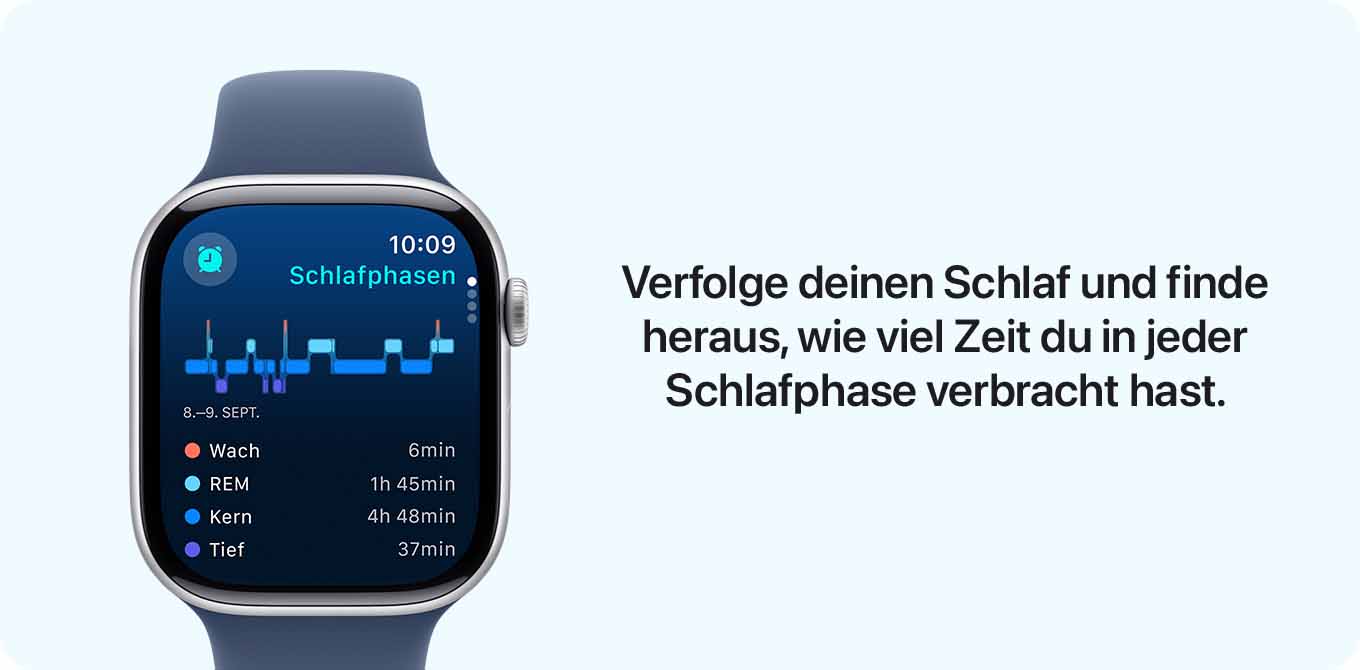 Nahaufnahme einer Smartwatch mit Anzeige der Schlafphasen auf blauem Hintergrund. Text: "Verfolge deinen Schlaf."
