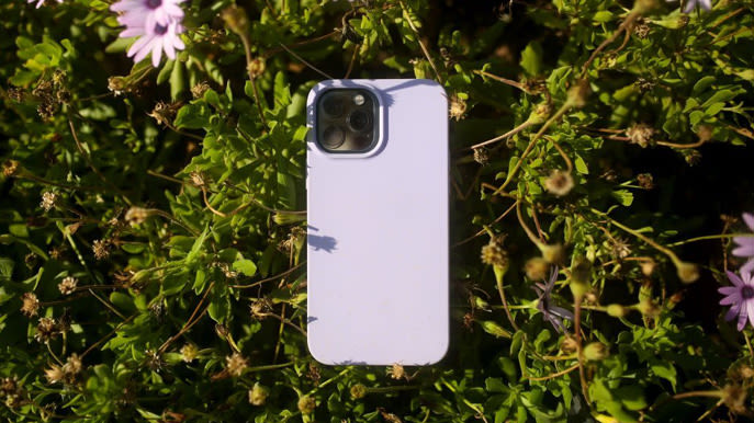 Lila iPhone Handyhülle liegt im Gras.