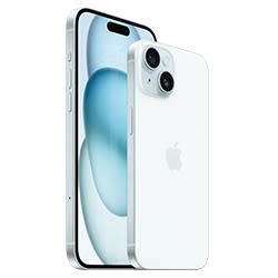 Ein iPhone 14 mit blauem Bildschirm steht neben einem weißen iPhone 14 mit zwei Kameras, beide vor einem weißen Hintergrund.