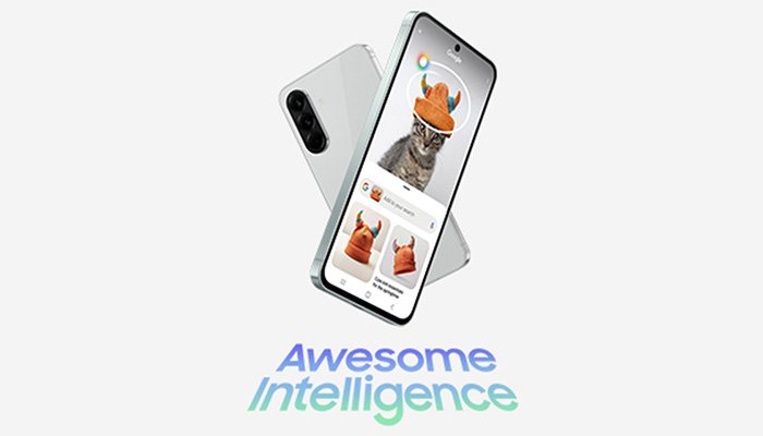 Zwei Smartphones; eines zeigt eine Katze mit einem orangefarbenen Hut. Unterhalb steht "Awesome Intelligence".