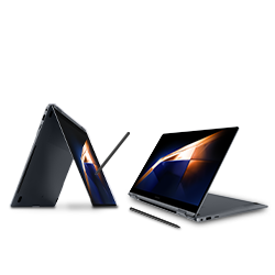 Zwei Laptops, einer als Tablet mit Stift, der andere aufgeklappt, beide mit Bildschirmen vor einem weißen Hintergrund.