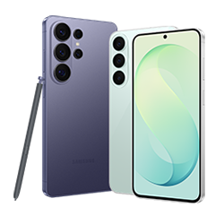 Zwei Samsung Galaxy S-Serie Smartphones, eines mit Stift. Das vordere hat einen blauen Bildschirm. Das hintere hat drei Kameralinsen.
