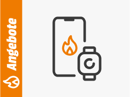Symbolgrafik eines Smartphones mit Flammensymbol und einer Smartwatch, daneben ein orangefarbener Balken mit dem Schriftzug Angebote.