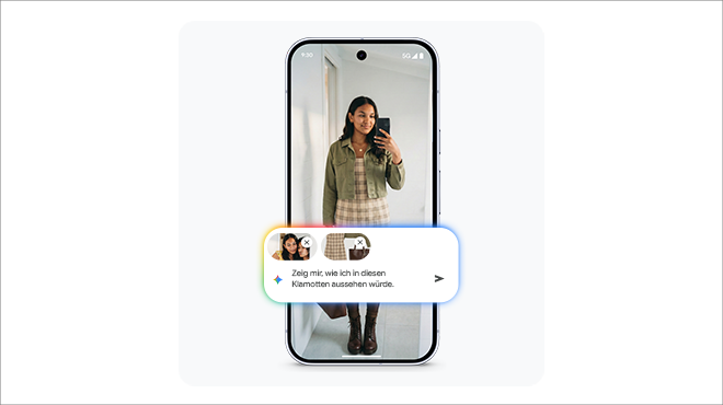 Smartphone zeigt Selfie einer Frau in karierter Kleidung mit Chat-Dialog-Feature darunter für gemeinsames Teilen oder virtuelle Anprobe.