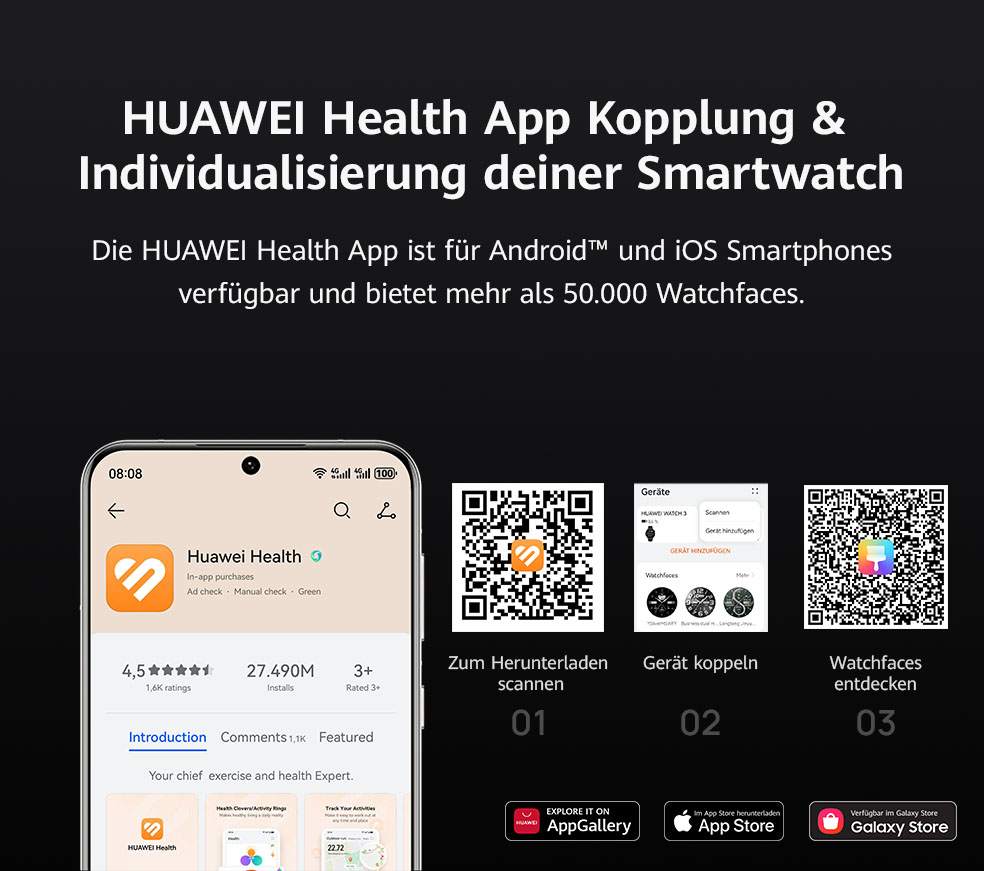 Huawei Health App-Werbung mit Smartphone-Bildschirm, QR-Codes und App Store-Logos auf dunklem Hintergrund.