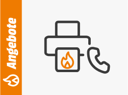 Symbolgrafik eines Druckers mit Flammensymbol und eines Telefonhörers, daneben ein orangefarbener Balken mit dem Schriftzug Angebote.