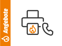 Symbolgrafik eines Druckers mit Flammensymbol und eines Telefonhörers, daneben ein orangefarbener Balken mit dem Schriftzug Angebote.