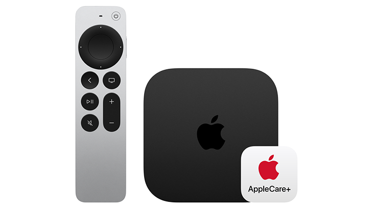 Apple TV Gerät, silberne Fernbedienung und AppleCare+ Logo auf weißem Hintergrund.