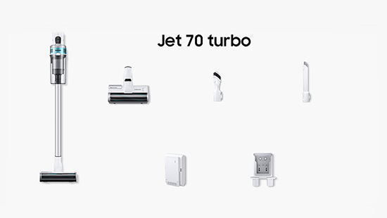 Auf weißem Grund sind ein kabelloser Staubsauger, Aufsätze und Zubehör abgebildet. Der Staubsauger ist silber mit türkisfarbenen Akzenten.