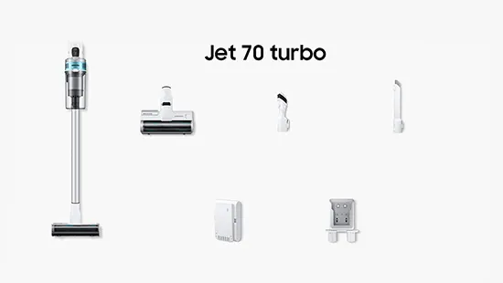 Auf weißem Grund sind ein kabelloser Staubsauger, Aufsätze und Zubehör abgebildet. Der Staubsauger ist silber mit türkisfarbenen Akzenten.